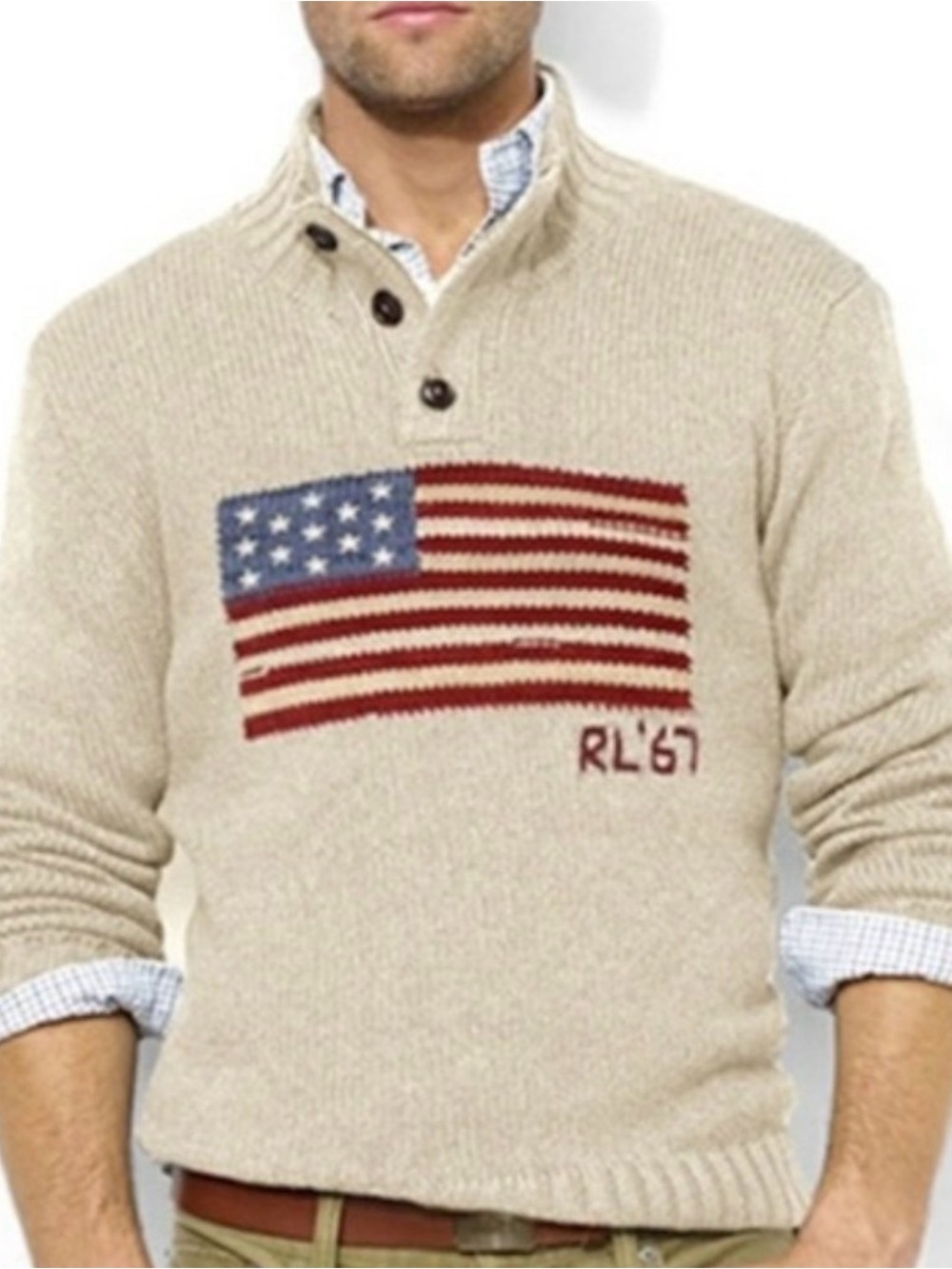 NWT Polo Ralph Lauren American Flag Mock Neck Sweater Beige Tan Men's Large